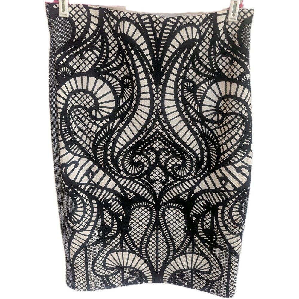 Women’s Geometric Pencil Skirt SZ L Black & White Knee Length Career Chic